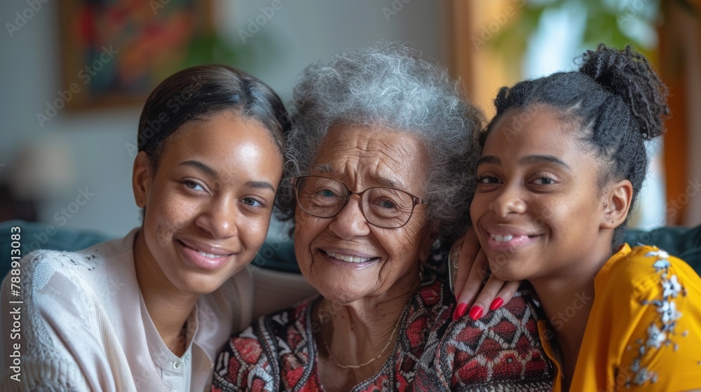 Generational Bonding: Elderly Grandmother with Young Granddaughters at Home Generational Bonding: Elderly Grandmother with Young Granddaughters at Home