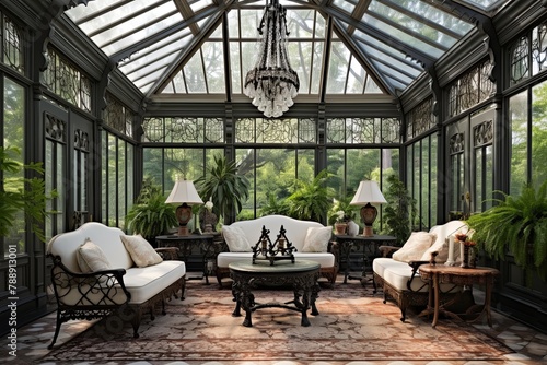 Neo-Victorian Sunroom Designs: Vaulted Glass Ceilings & Spindled Furniture with Glass Decanters photo