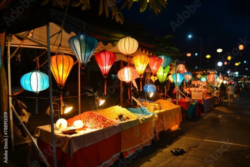 Vibrant stalls adorned with colorful lanterns, offering a variety of street food delicacies and local handicrafts, Generative AI