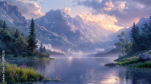 A beautiful landscape painting of mountains, a misty lake and trees in the foreground, a sunset in the background. Created with Ai