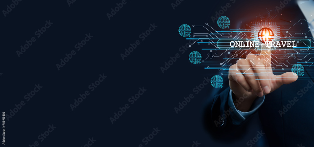 Businessman hand touching virtual graphical interface of online travel. Idea for seamless booking solution and personalized itineraries, revolutionizing the way people explore. Businessman hand touching virtual graphical interface of online travel. Idea for seamless booking solution and personalized itineraries, revolutionizing the way people explore.