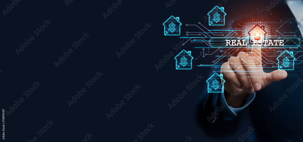 Businessman hand touching virtual graphical interface of real estate. Idea for property solution and investment, housing in a dynamic global real estate concept.