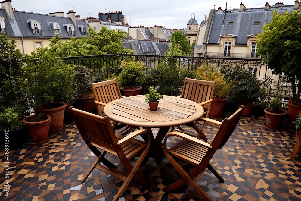 Parisian Rooftop Cafe Terrace Inspo: Cobblestone-like Tiles & Provincial Quilts Delight