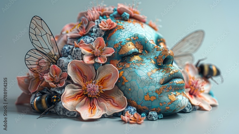 3d render of a woman's face made of stone with flowers and bees on it 3d render of a woman's face made of stone with flowers and bees on it