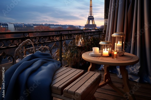 Parisian Rooftop Cafe Terrace: Eiffel Tower View with Cozy Throws Design © Michael