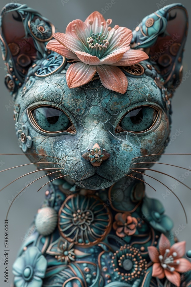 A 3D rendering of a cat made of metal with a flower on its head A 3D rendering of a cat made of metal with a flower on its head