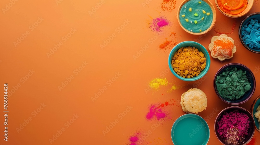 Obraz premium Minimalist and vibrant portrayal of Holi festival snacks and Thandai, with turquoise accents adding a playful touch against an orange backdrop