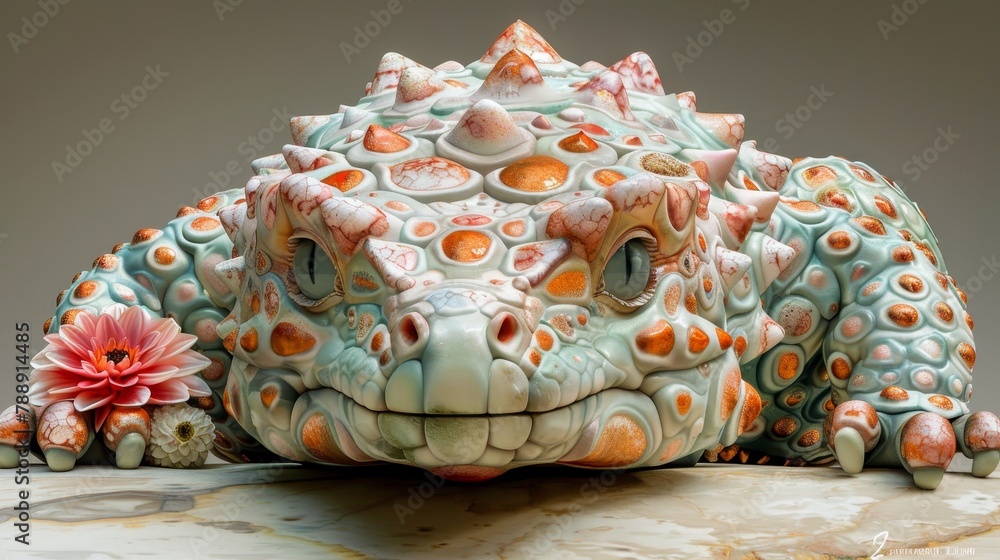 A 3D rendering of a colorful ornate alien frog with pink flower.