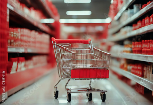 light empty red background interior scount cart supermarket store shopping hand aisle hold bokeh blur Woman defocused abstract grocery streetcar consumer