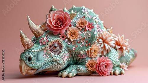 A 3D rendering of a green and pink dinosaur covered in flowers and gems.