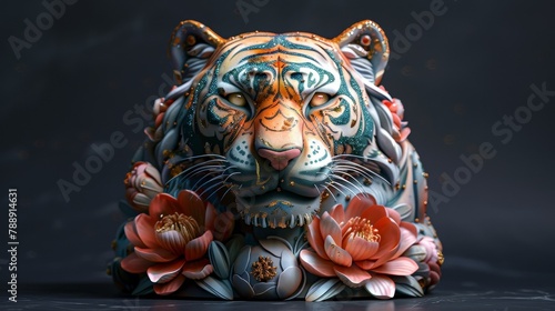 A 3D rendering of a tiger's head with intricate floral patterns and glowing eyes. © Songsak