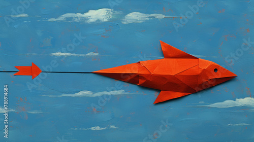 A red origami fish is flying through the sky. The fish is flying towards a red arrow, which is pointing to the right. Concept of freedom and adventure photo