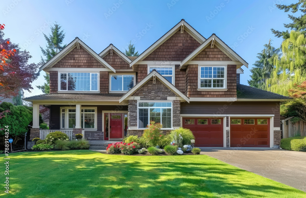 A beautiful two-story house with an elegant front yard, featuring lush green grass and colorful flowers, showcasing the perfect blend of architecture and landscaping in a Pacific Northwest setting
