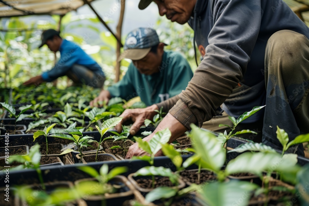 Coffee Farmers Tending to Young Coffee Plants in a Nursery, Carefully Nurturing Them Until They are Ready to be Transplanted to The Fields, Generative AI Coffee Farmers Tending to Young Coffee Plants in a Nursery, Carefully Nurturing Them Until They are Ready to be Transplanted to The Fields, Generative AI