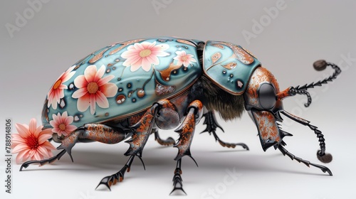 A beautiful iridescent blue and copper beetle with pink and white flowers on its back and a pink flower in its pincers