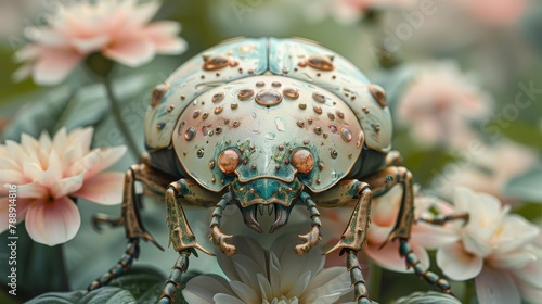 A beautiful ornate steampunk beetle on a flower.