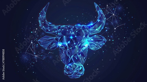 Beautiful starry low poly illustration with stylized shiny zodiac symbol taurus on dark background AI generated