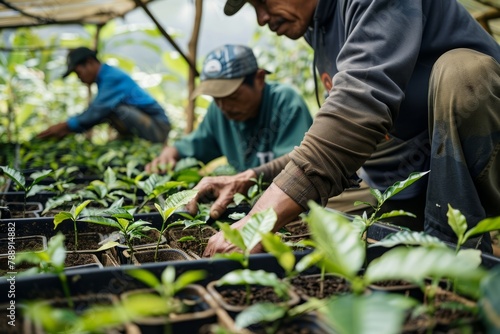Coffee Farmers Tending to Young Coffee Plants in a Nursery, Carefully Nurturing Them Until They are Ready to be Transplanted to The Fields, Generative AI
