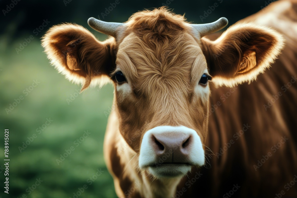 Fototapeta premium cow young animal nature red country field farm grass bull green summer little