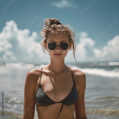 Portrait of beautiful young woman wearing bikini and sunglasses standing on the beach. She had yellow skin and smiled very beautifully