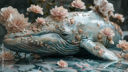 A blue and white whale made of marble with pink flowers growing on it