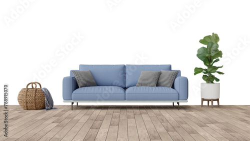 a blue couch sitting on top of a wooden floor