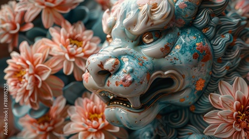 Wallpaper Mural A cloisonne enamel guardian lion with pink flowers. Torontodigital.ca