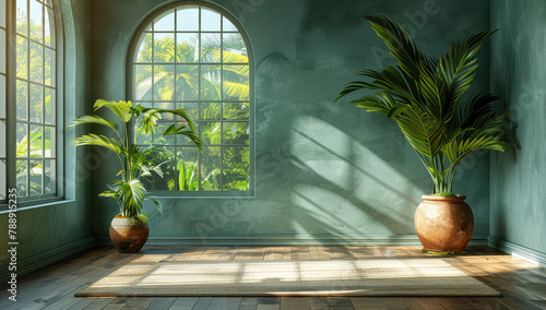 Green wall, sunlight shining through the window and casting shadows on an indoor wooden floor with a potted plant beside it. Created with Ai