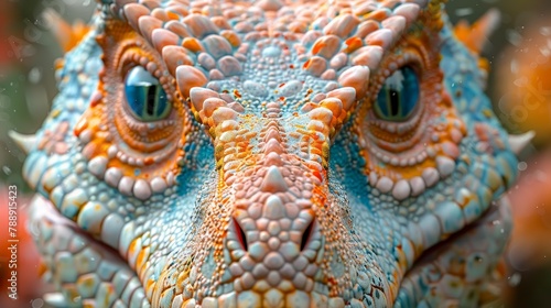 A closeup of a colorful dinosaur with blue eyes and pink and blue scales.