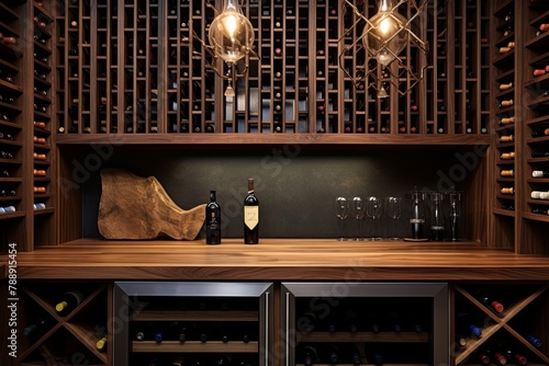 Acacia Wood Counters & Metal Lattice Racks: Subterranean Wine Cellar Mosaic Backsplash Inspo