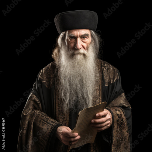 Old testament Jewish high priest, Israeli Servant of God from the bible, isolated on black background. 