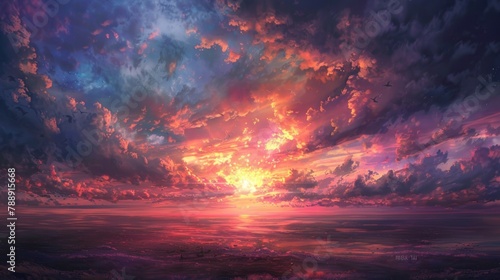 Calm sea with sunset sky and sun through the clouds over. Meditation ocean and sky background.