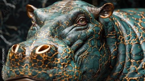 A green and gold sculpture of a hippopotamus.