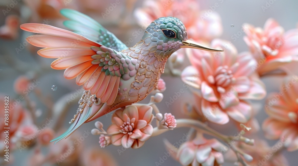 Obraz premium A jeweled hummingbird with pink and blue feathers and a long golden beak is hovering in front of a branch of pink flowers.
