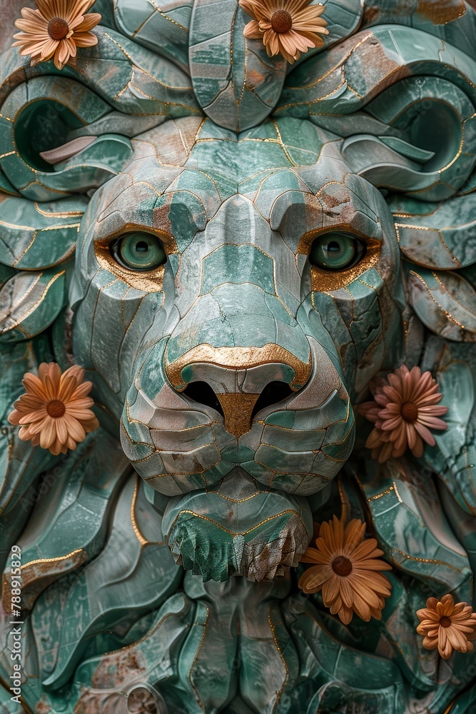 A lion's head made of green marble with gold accents and orange flowers around it.