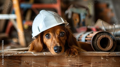 On Labor Day a spirited red haired dachshund with a knack for hunting finds a cozy spot amidst construction tools donning a gleaming white protective helmet photo