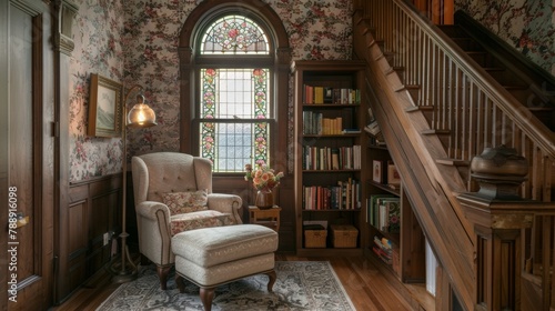 Up the staircase the second floor landing boasts a cozy reading nook with a plush armchair and ottoman sitting next to a builtin bookshelf. The walls are lined with vintage floral . photo