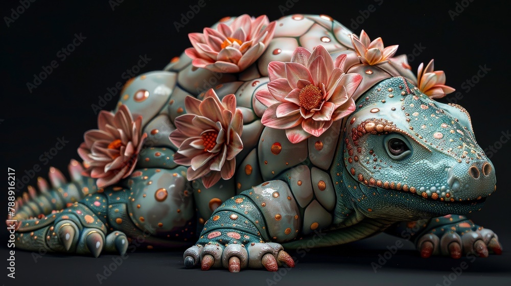 A realistic rendering of a green and blue turtle with pink and white flowers growing out of its back. A realistic rendering of a green and blue turtle with pink and white flowers growing out of its back.