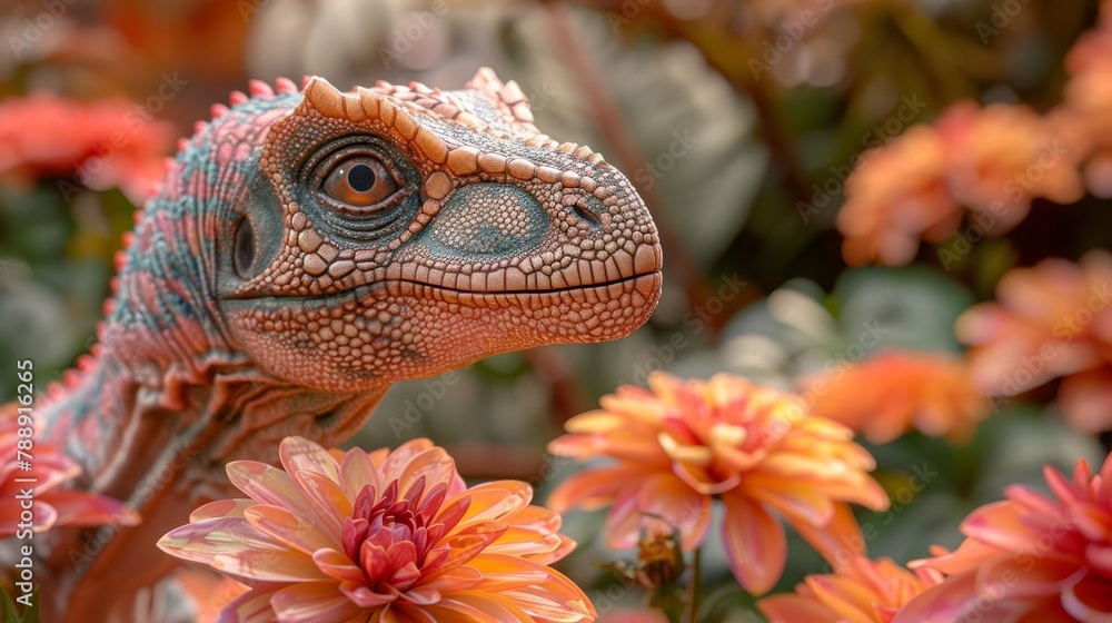 Obraz premium A small dinosaur stands in a field of flowers, looking around curiously. The dinosaur is green and brown, with a long tail and sharp teeth. The flowers are red, orange, and yellow. The background is a