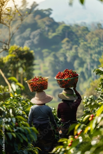 Coffee Farmers Transporting Freshly Harvested Coffee Cherries in Colorful Baskets Balanced on Their Heads, Generative AI