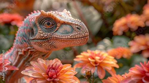 A small dinosaur stands in a field of flowers, looking around curiously. The dinosaur is green and brown, with a long tail and sharp teeth. The flowers are red, orange, and yellow. The background is a photo