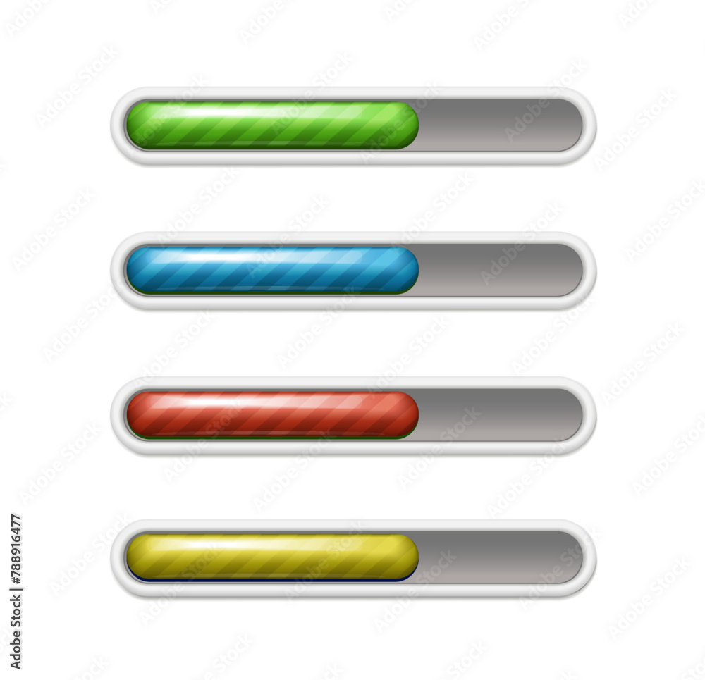 3d realistic vector icon. Set of progress bars in red, blue, yellow and green color. Game design and game loading elements. 3d realistic vector icon. Set of progress bars in red, blue, yellow and green color. Game design and game loading elements.