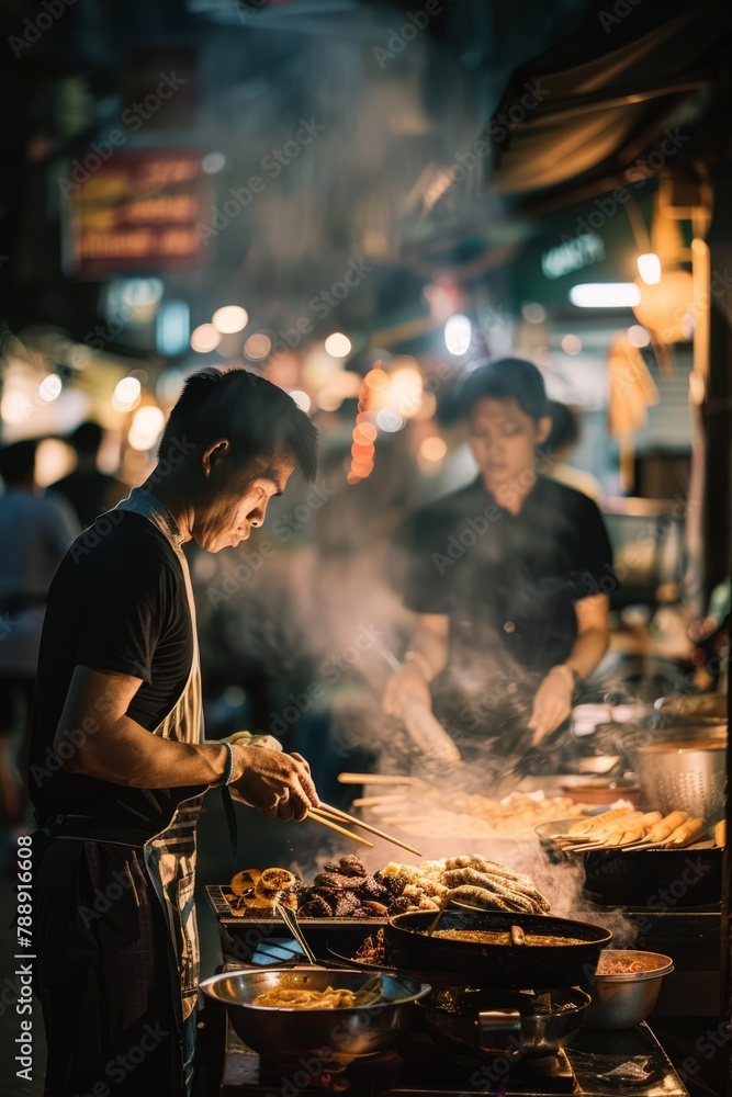 Night market vendors skillfully preparing their signature dishes, from steaming bowls of noodle soup to crispy fried snacks, amidst the hustle and bustle of the evening rush, Generative AI