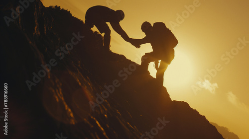 Two people are climbing a mountain together. One of them is wearing a backpack. The sun is setting in the background, creating a beautiful and serene atmosphere