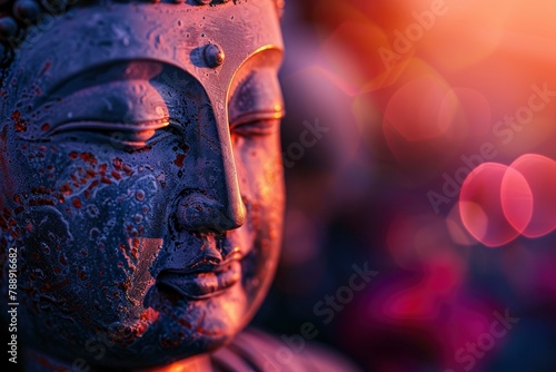 Buddha Purnima and Vesak day concept, Buddha statue with low key light against beautiful and colorful background close up. Meditation copy sapce with generative ai photo