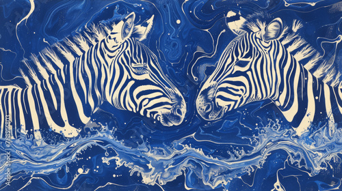 Two zebras are in the water  one is looking at the other. The painting is blue and white