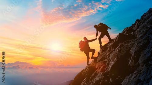 Two people are climbing a mountain together. One of them is wearing a backpack. The sun is setting in the background, creating a beautiful and serene atmosphere