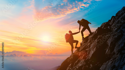 Two people are climbing a mountain together. One of them is wearing a backpack. The sun is setting in the background  creating a beautiful and serene atmosphere