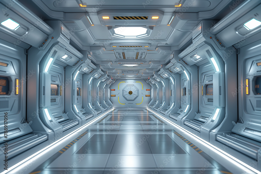 Obraz premium Three-dimensional future sci-fi technology sense space capsule blue display space background. Spaceship Interior concept design.