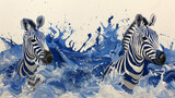 Two zebras are swimming in the ocean with blue and white splashes. The painting captures the beauty and grace of these animals as they navigate the waves
